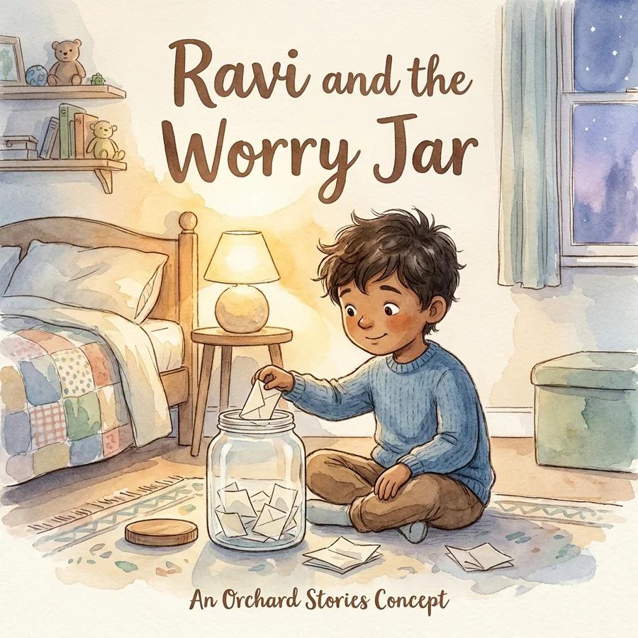 Cover of “Ravi and the Worry Jar” — a watercolour of a boy on his bedroom floor at dusk, posting a folded note into a large glass jar.