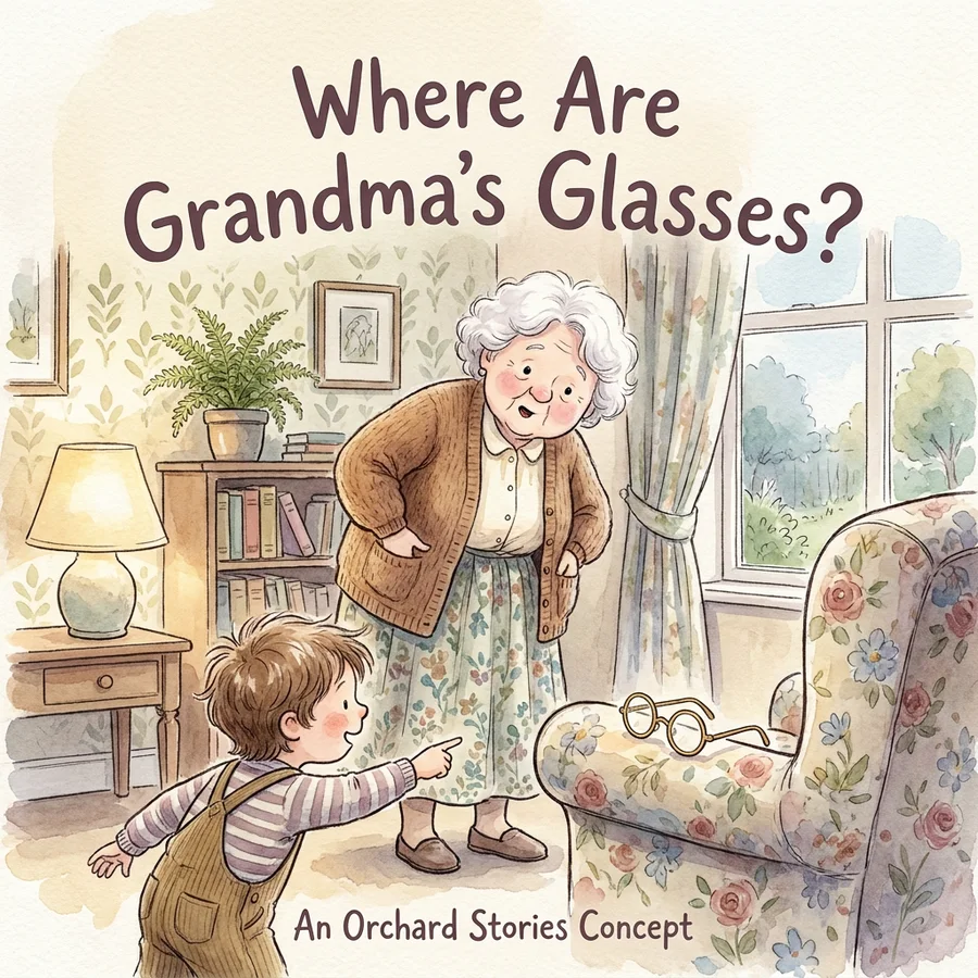 Cover of “Where Are Grandma's Glasses?” — a watercolour of a grandmother patting her pockets while her grandchild points at her spectacles on an armchair.