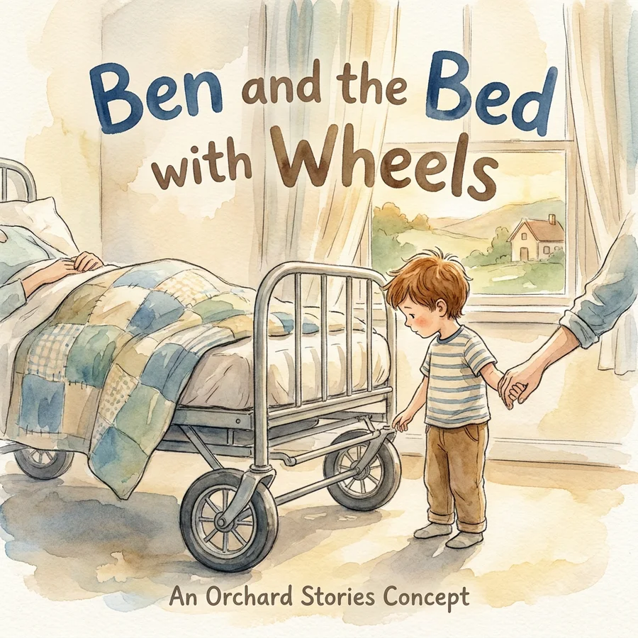 Cover of “Ben and the Bed with Wheels” — a watercolour of a small boy holding an adult's hand beside a hospital bed on wheels, warm light at the window.