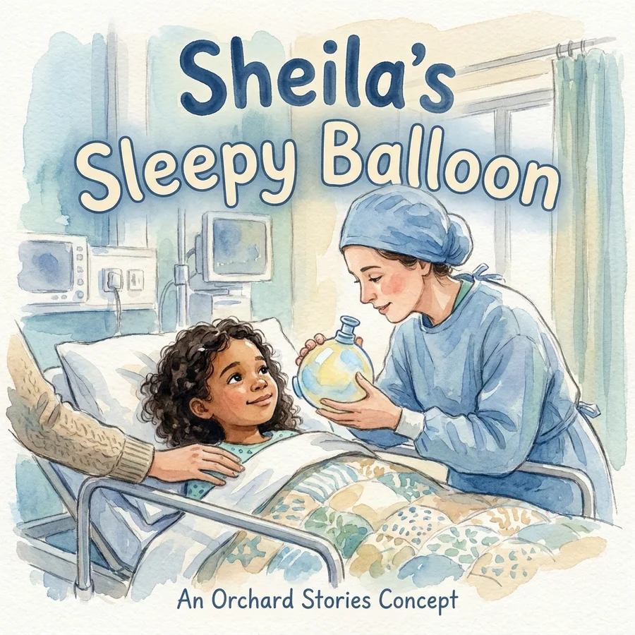 Cover of “Sheila's Sleepy Balloon” — a watercolour of a girl with dark curly hair lying in a hospital bed, smiling up at an anaesthetist offering her a soft round mask.