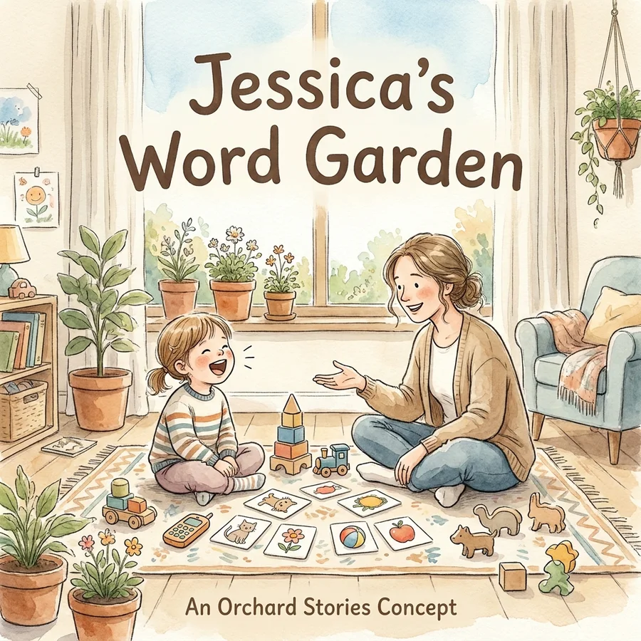 Cover of “Jessica's Word Garden” — a watercolour of a laughing girl and a speech therapist sitting on a rug with picture cards and toys between them.
